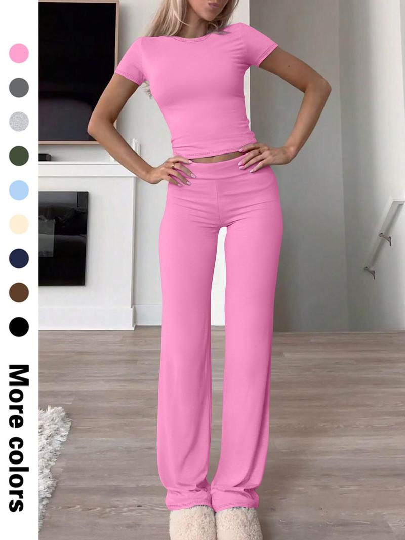 Women's Solid Crop Tee & Flare Leg Pants Two-piece Set, Casual Fashion Cozy Breathable Two Piece Outfits for Daily Outdoor Wear, Ladies Clothes for All Seasons