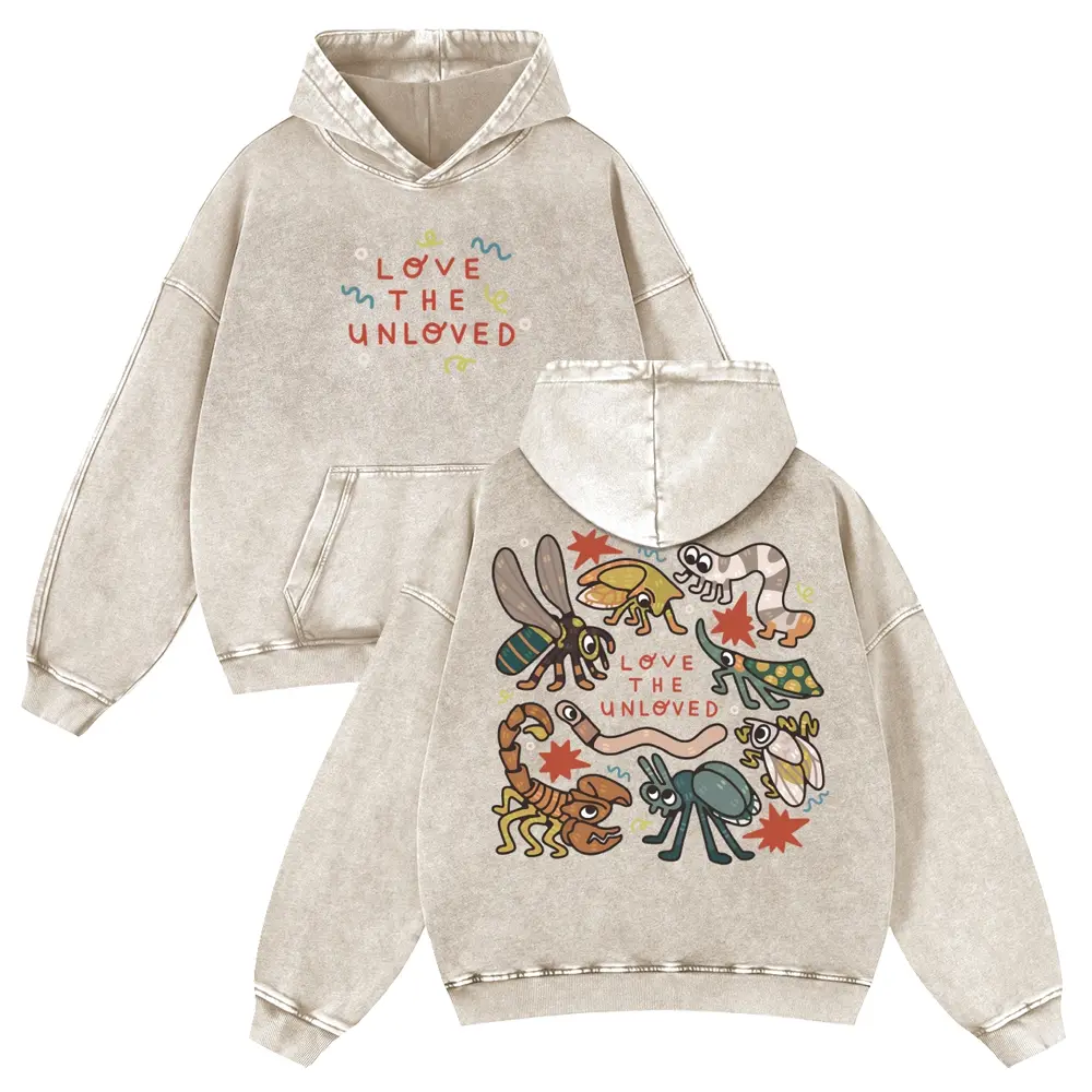 Love The Unloved Creepy Bug Cartoon Washed Hoodie 380g Autumn VIntage Washed Hoodie Graphic Sweatshirt
