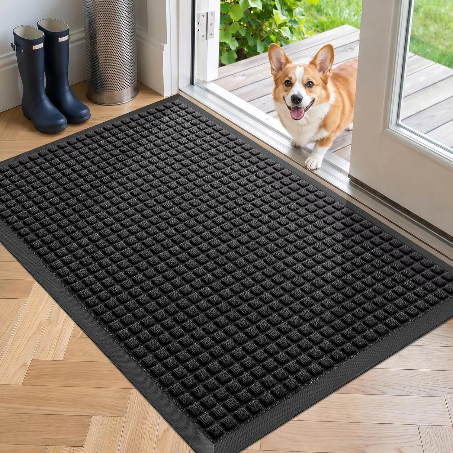 Front Door Mat Outside Entrance, Heavy Duty Waterproof Doormat for Indoor/Outdoor, Dirt Trapper with Non-Slip Rubber Backing, Low Profile Easy Clean, Stain & Fade Resistant 29.5"x17", Black