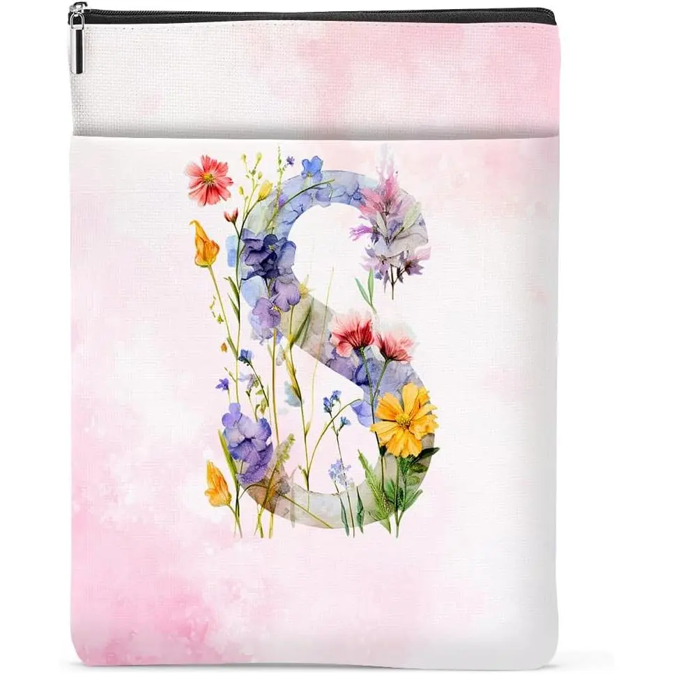 Initial Book Sleeve Books Cover Personalized Floral Books Protector with Zipper Bachelorette Party Bridal Shower Appreciation Birthday Monogrammed Gifts for Women  Girls Book Lovers Gifts, S