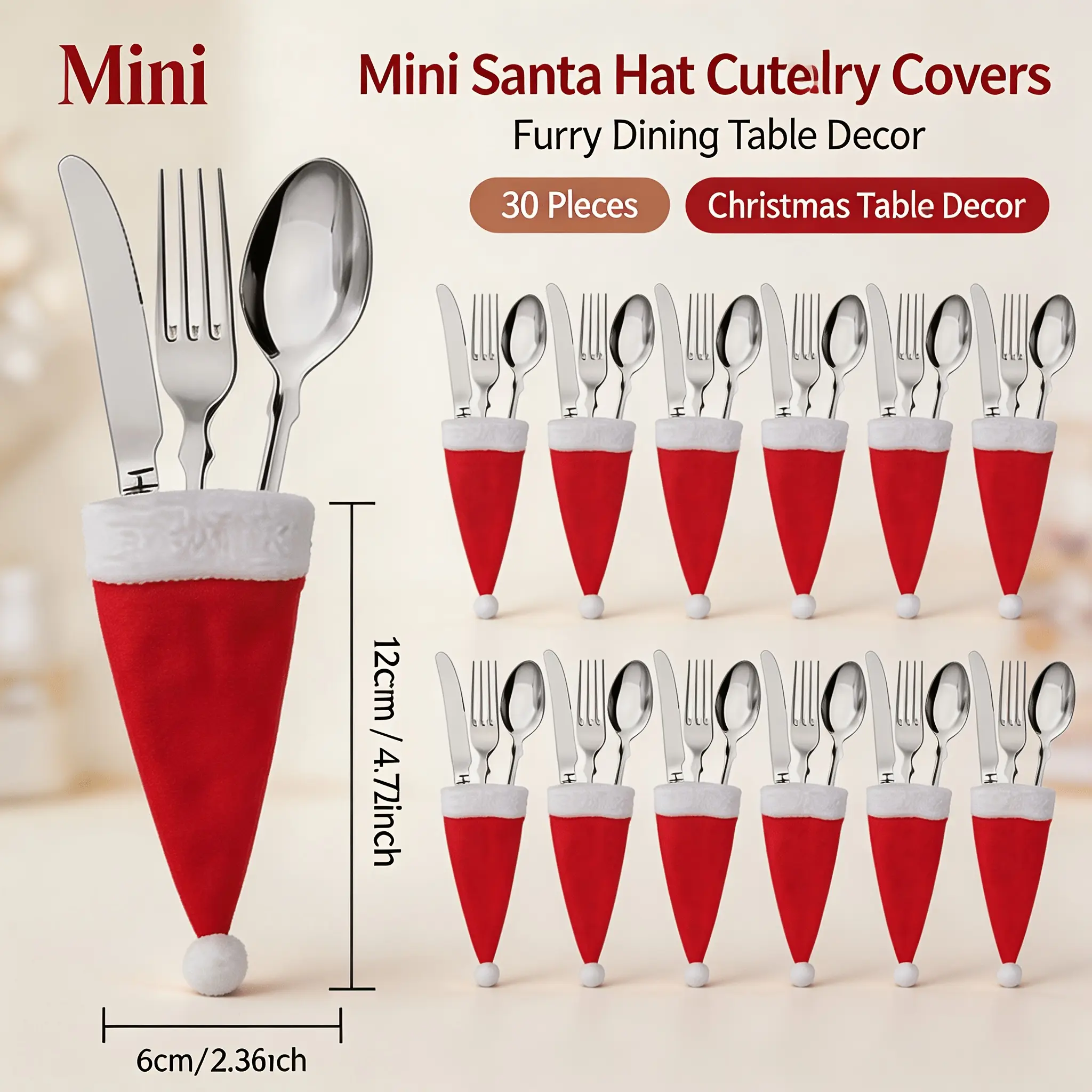 30pcs Mini Santa Hat Silverware Holders, Red Fabric Christmas Knife Fork Cutlery Covers, 2.36 X 4.72inch Holiday Table Centerpieces, Furry Dining Table Decor, Winter Xmas Kitchen Additions, Festive Decor