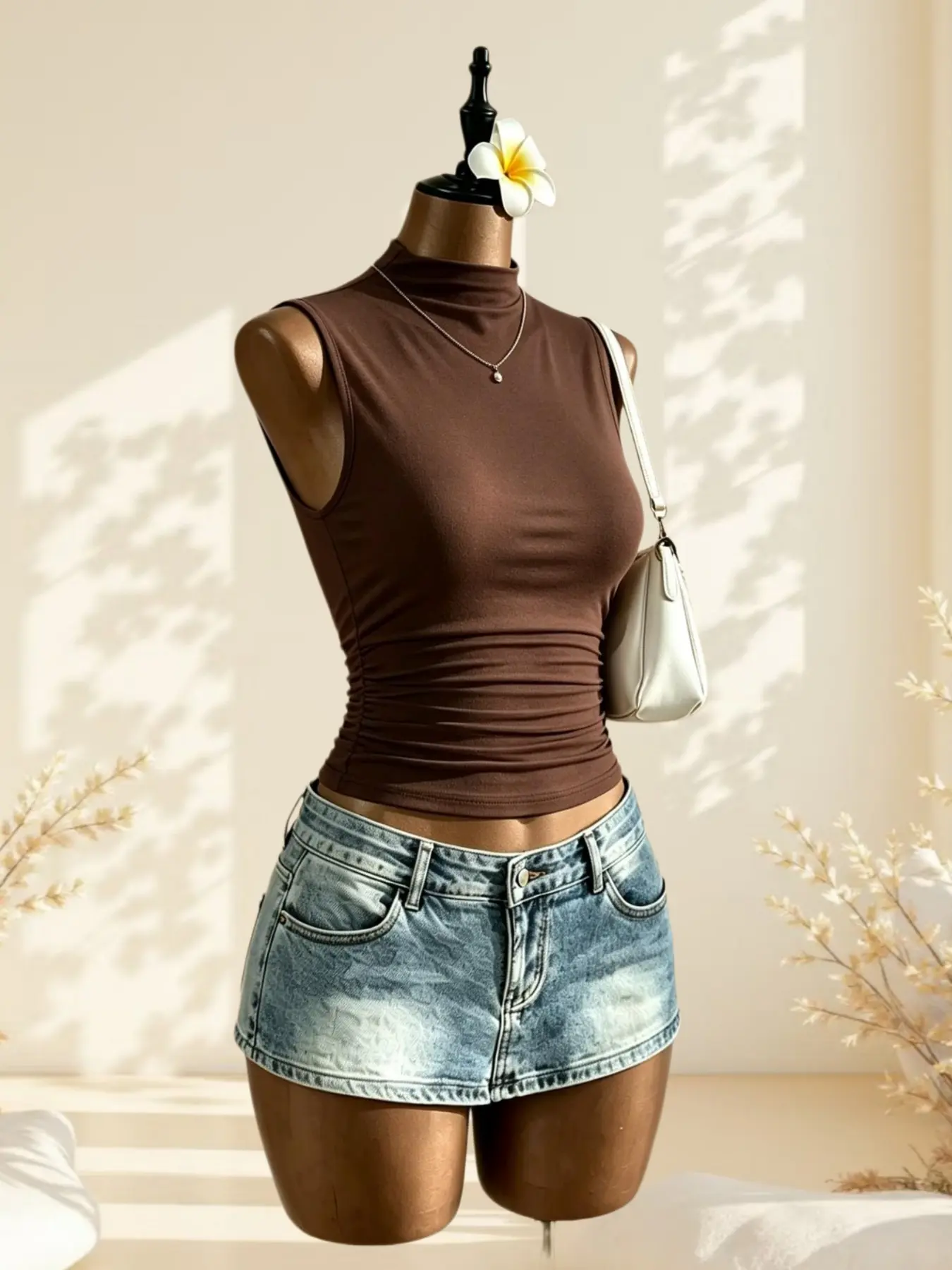 Light Mature Lady Half High Neck Sleeveless Camisole Vest Tank Top, Side Pleat Waist Slimming, Casual Flattering Sleeveless, Casual Office Wear, Single Piece Set