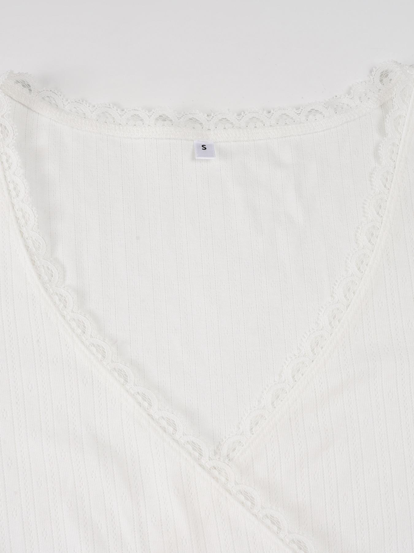 Fashionable Simple Lace Trim Cross V Neck A-Line Long Sleeve Knitted Top Blouse, Trendy Spring & Fall Casual Wear for Women