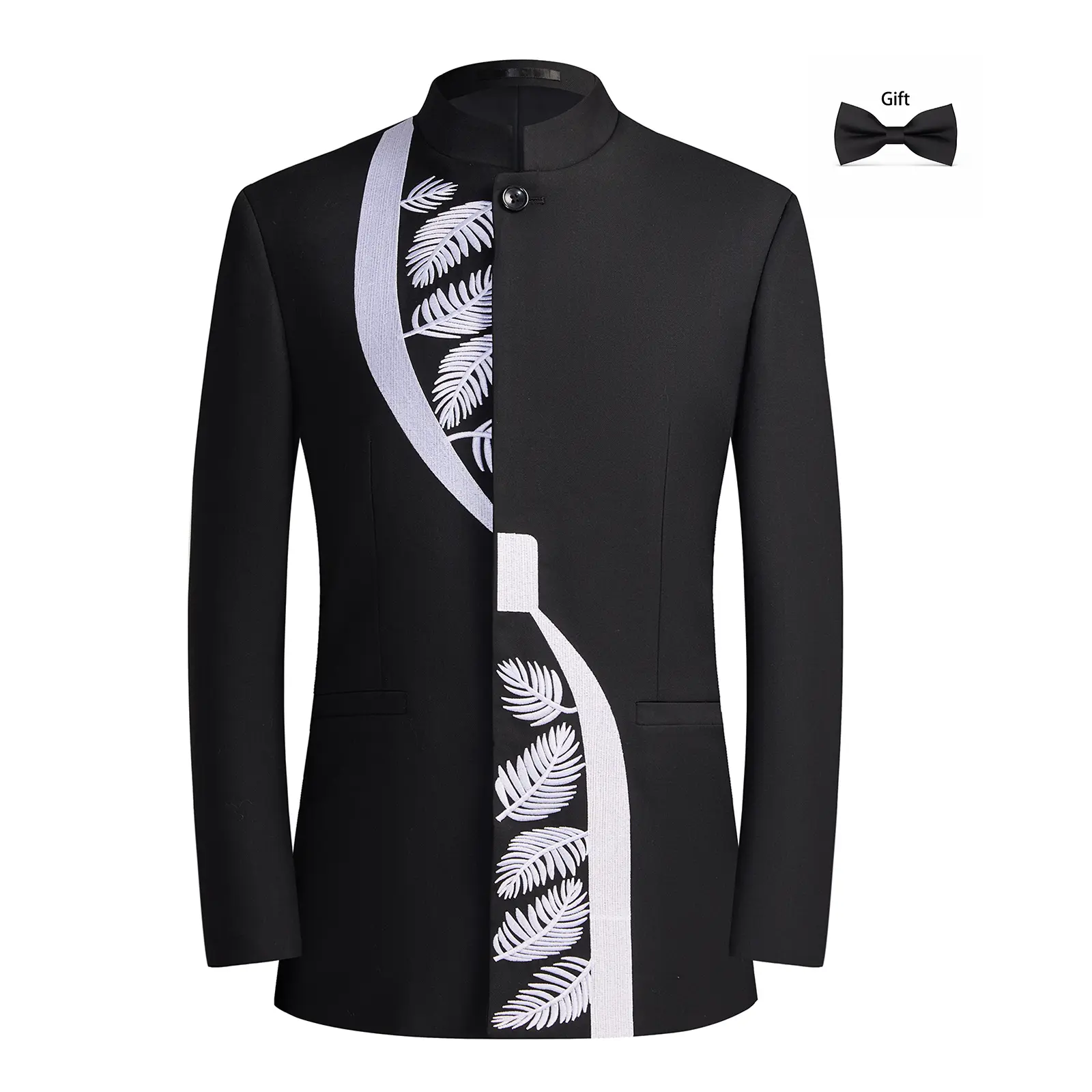 Slim Fit Men Formal 2‑Piece Suit, Stand‑Collar Leaf Embroidery Jacket & Black Trousers with Bonus Black Bow Tie for Prom Banquet
