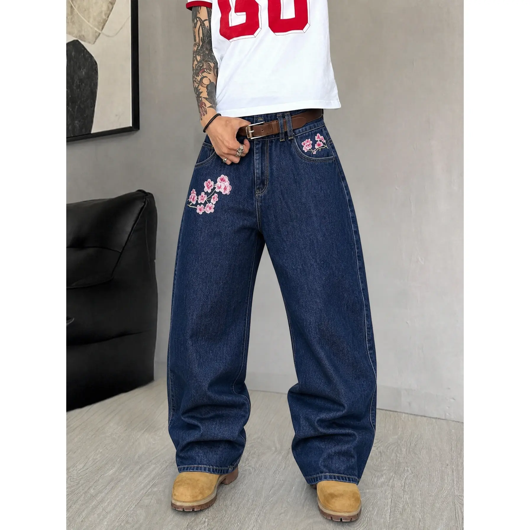 Men's High Cotton Dark Blue Cherry Blossom Embroidered Baggy Jeans, Floral Embroidery Relaxed Wide Leg Denim Pants, Classic Raw Wash Loose Y2K Streetwear Denim Trousers, Versatile Retro Loose Jeans for Daily Street Fashion Matching Outfits
