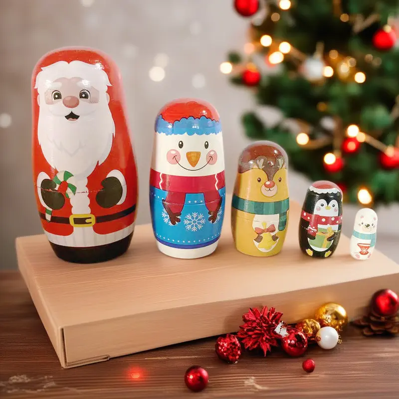 5-Layer Wooden Russian Nesting Dolls, Hand-Painted Santa Claus Figure Stacking Set, Christmas Decoration Party Toy