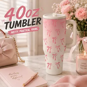 1 Pc 40oz Pink Bow Insulated Tumbler With Handle, Double Wall Vacuum Stainless Steel Cup, Keeps Cold 24H Hot 12H, Leakproof Travel Mug for Coffee, Office, Car, Daily Use, Cute Coquette Style Cup, Stylish Gift for Women, Friends, Birthdays, Holidays