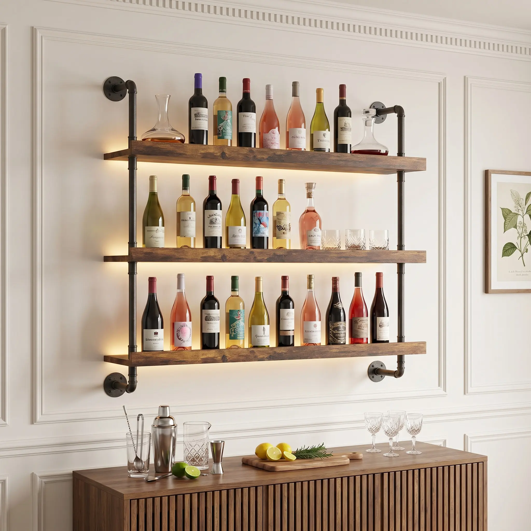 3-Tier Industrial Pipe Wall Mounted Wine Rack with LED Light, Rustic Wood Floating Liquor Display Shelf, Space Saving Wall Bar Storage Organizer for Home Bar Kitchen Dining Room Decor