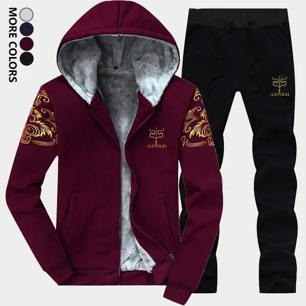 Men's Winter Gold Embroidered Casual Sports Set - Fleece-Lined Thick Hoodie with Pocket and Thermal Thick Sweatpants