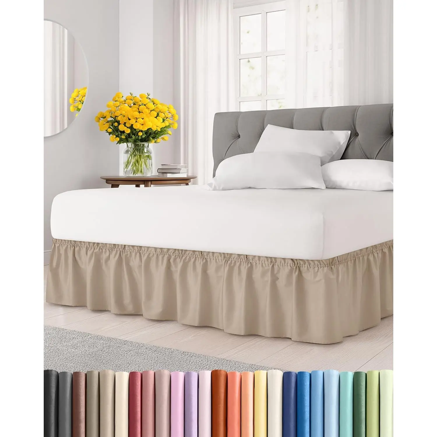 Wrap Around Dust Ruffle Bed Skirt, Queen Size Beds - 15 Inch Drop, |   Elastic Strap, Pleated Bedskirt w/Brushed, Wrinkle & Fade Free, for, Men, Kids & Teens