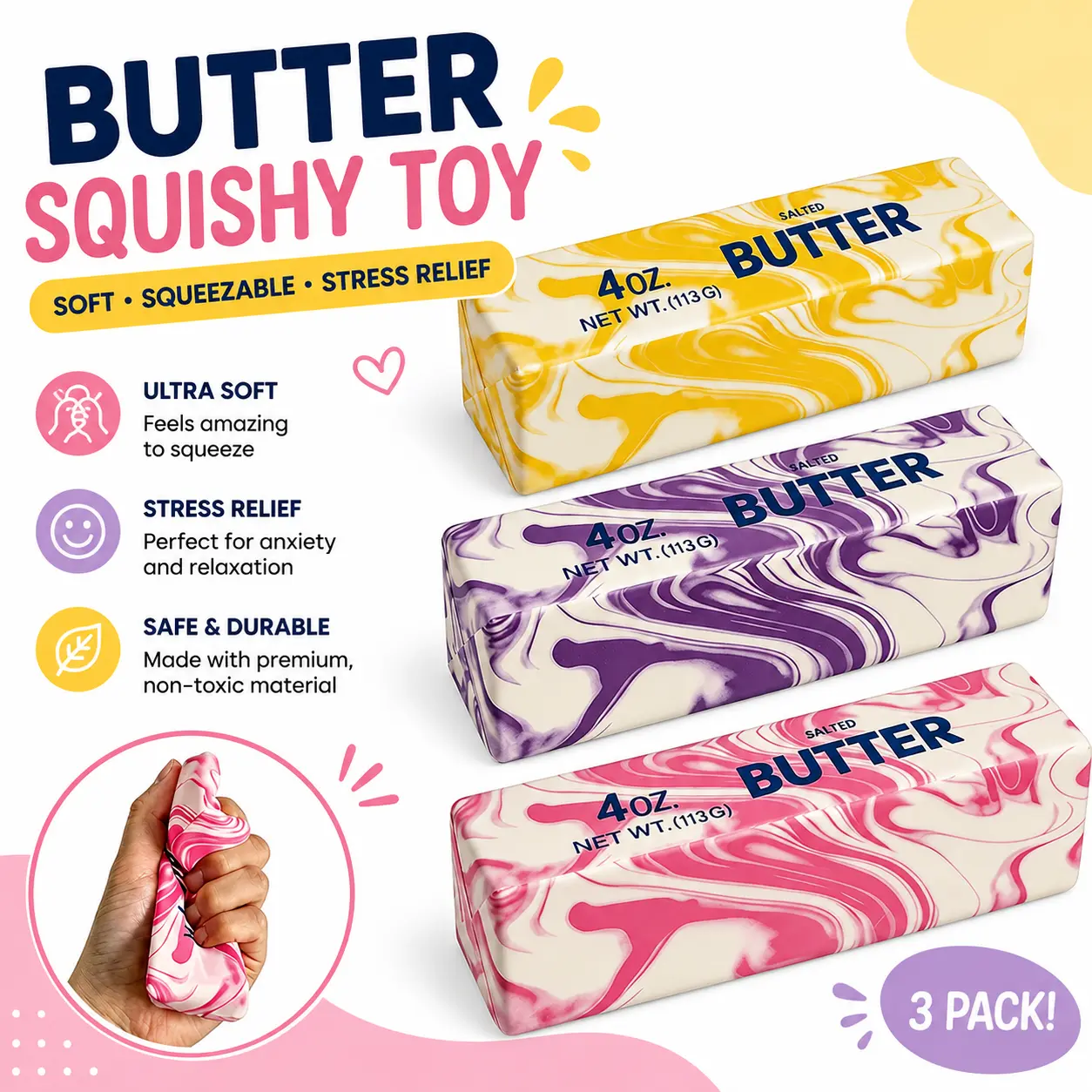 Foam Realistic Stick-Shaped Butter Squishy Toy - Slow-Rising Unisex Fidget Sensory Tool - Anti-Anxiety Stress Relief, ADHD Focus Aid - Kawaii ASMR Oddly Satisfying Aesthetic Desk Decor - Funny Gag Gift Novelty Party Favor