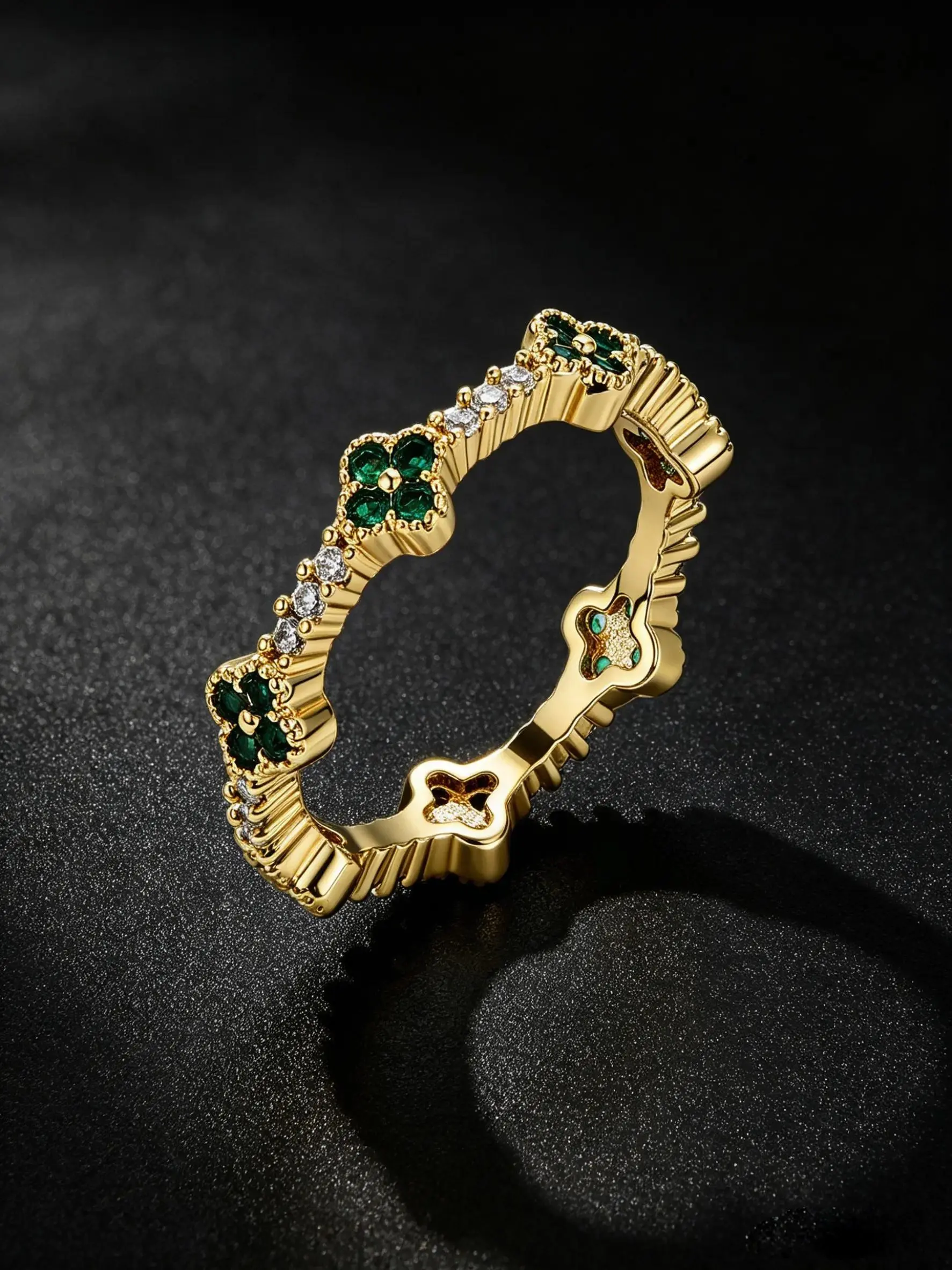 Four Leaf Clover Emerald Inlaid Stackable Band Ring, Engagement Wedding Rings, 18K Gold Tone Stainless Steel Textured Wedding Ring, Tarnish Resistant Hypoallergenic Lucky Statement Jewelry Gift For Women