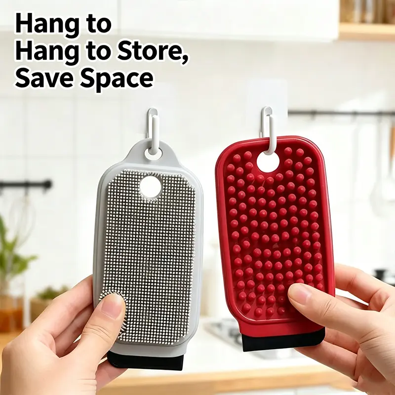 2-Pack Slim Handheld Size Kitchen Fruit & Vegetable Cleaning Brush - Daily Use, Hangable, Durable, Lightweight, Bendable Double Sides Silicone & Stainless Steel Beaded Surface Scrubber for Potato, Carrot