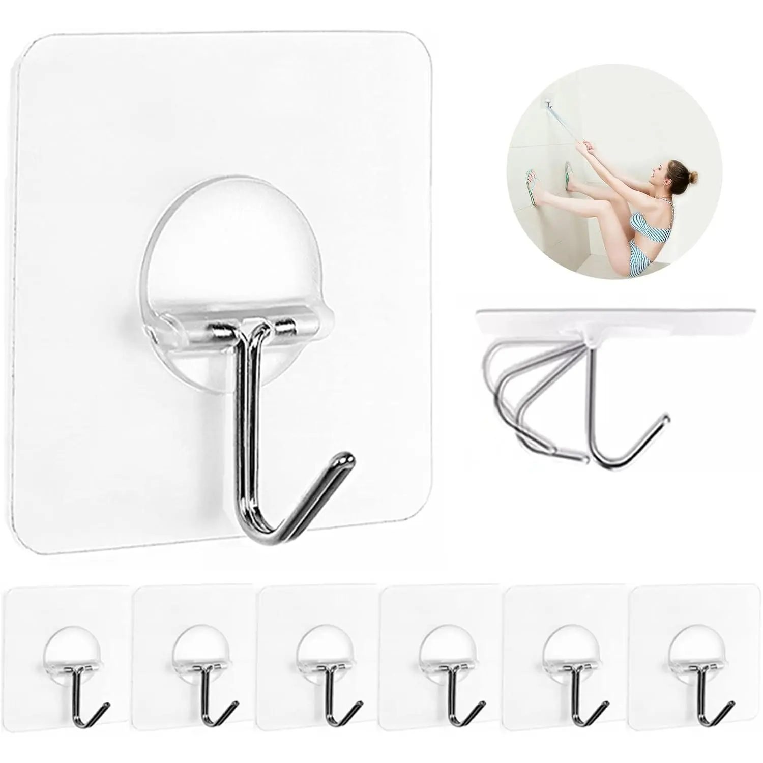 Adhesive Wall Hooks No Drill Clear Heavy Duty,13LB Sticky 8 Pack |  Transparent Sticky Hooks for ,13lbs Max Load No ,Ideal for Towel,Coat,Bathroom,Kitchen,
