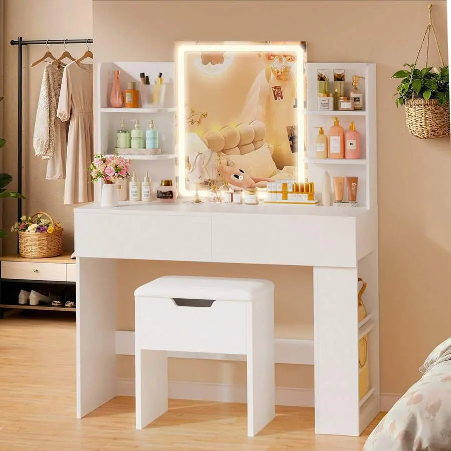 Makeup Vanity Desk With LED Lighted Mirror, 3 Color Lighting Modes & Adjustable Brightness, Vanity Table With 2 Drawers And Side Storage Cabinet Bedroom