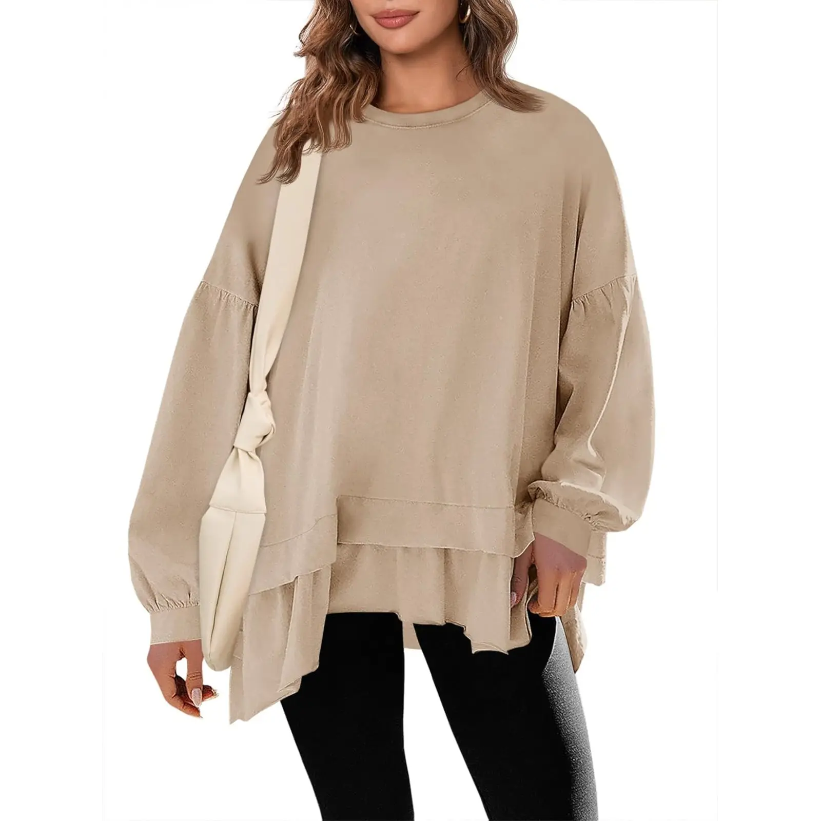 TANKANEO Women's Casual Chic Baggy Peplum Blouse - Longsleeves Oversized Puff Shirt with Round Neck, Asymmetric Cut Hem