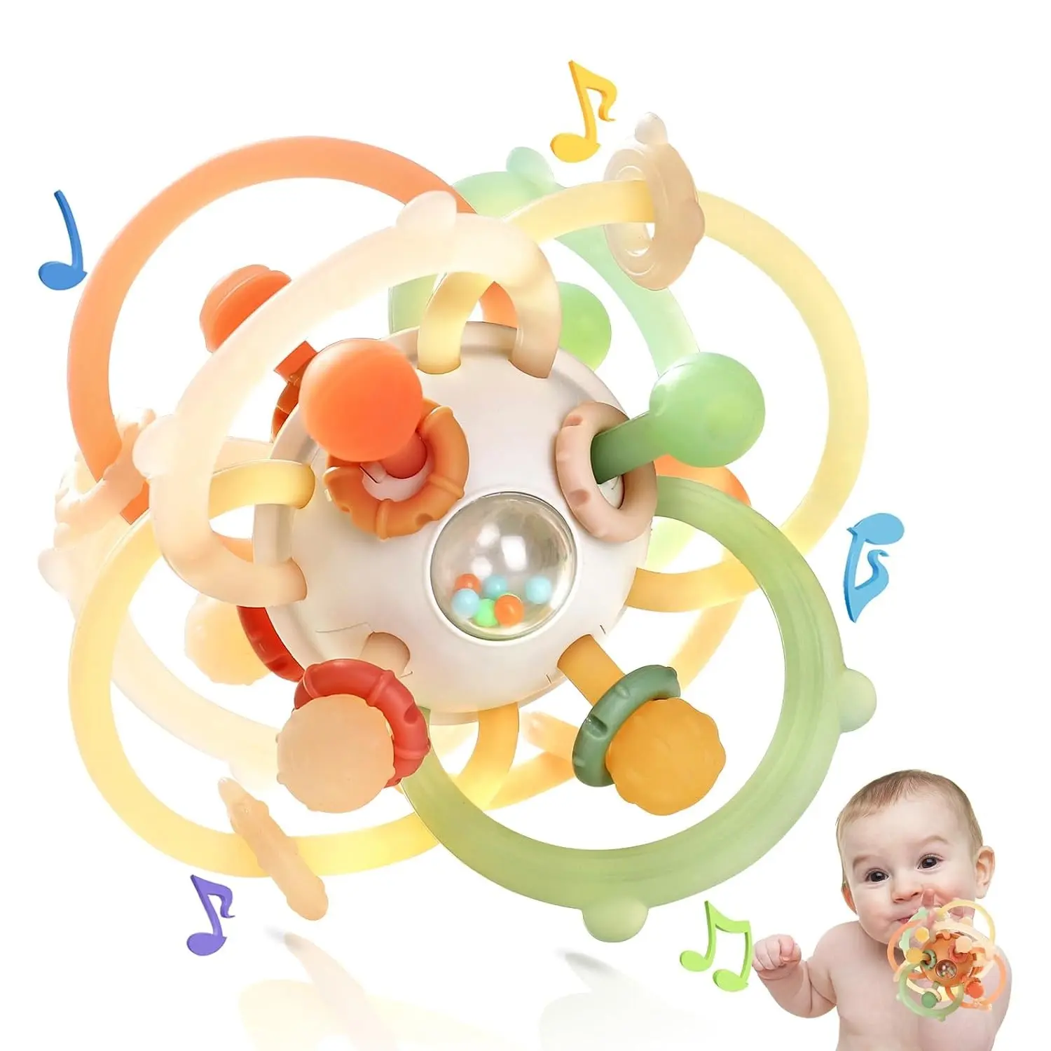 Baby Rattle Teething Toys, Silicone Ball Teether for 0-18 Months, Montessori Sensory Developmental Toy with Rattle Ball for Newborn Infant, Gift for Boys Girls, Brown(Gift)
