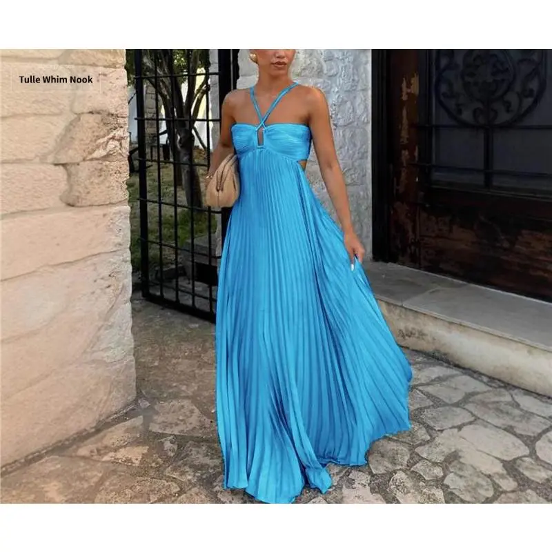 Women's Elegant Strapless Sleeveless Pleated Camisole Dress - Solid Color, Plastering Type, Plus Size, Basic Casual Summer Dress for Ladies, Chic Pleated Fabric