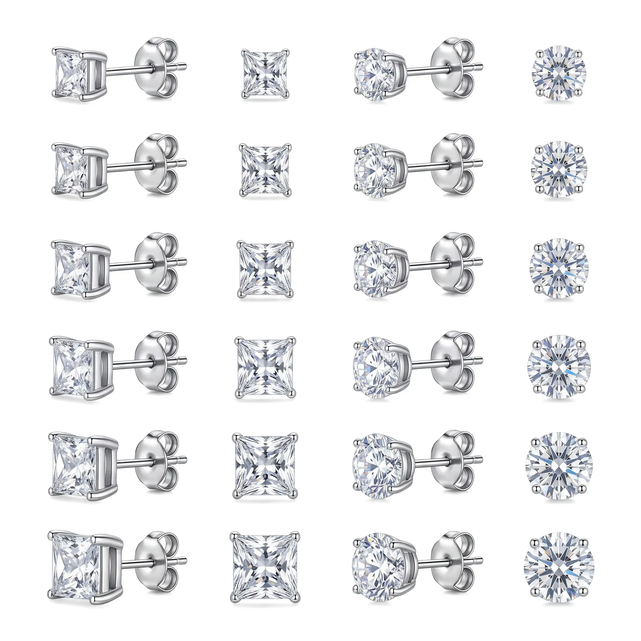 Sparkling CZ Stud Earrings Set 12 Pairs Hypoallergenic Silver Plated Gift for Sensitive Ears Women Men Square Round Princess Cut Cubic Zirconia Party Jewelry Everyday Wear Classic Cute Dainty Bulk Pack