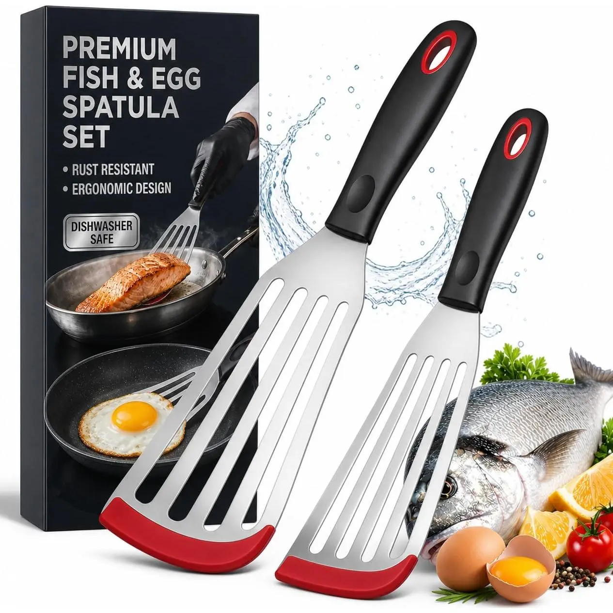 2 count Silicon Fish Spatula | Heat Resistant | Stainless Steel Turner with Black Handle,  , Thin Slotted Metal Flipper for Nonstick Cookware, Fish, Omelets, Egg, Pancake, Steak