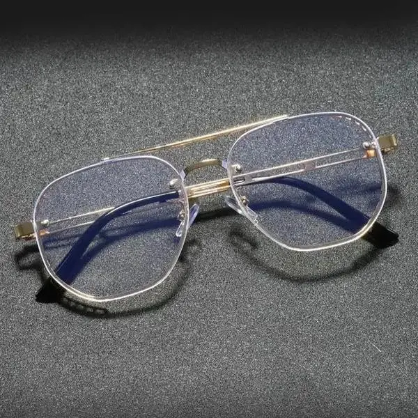 Double Bridge Hollow Cut Metal Square Eyeglasses for Men Women, Gold Rim Half Rim Clear Lens Business Glasses, Lightweight Hollow Temple Anti Blue Light Eyewear for Office Daily Work Business Meeting Street Fashion Party Accessory,summerwins