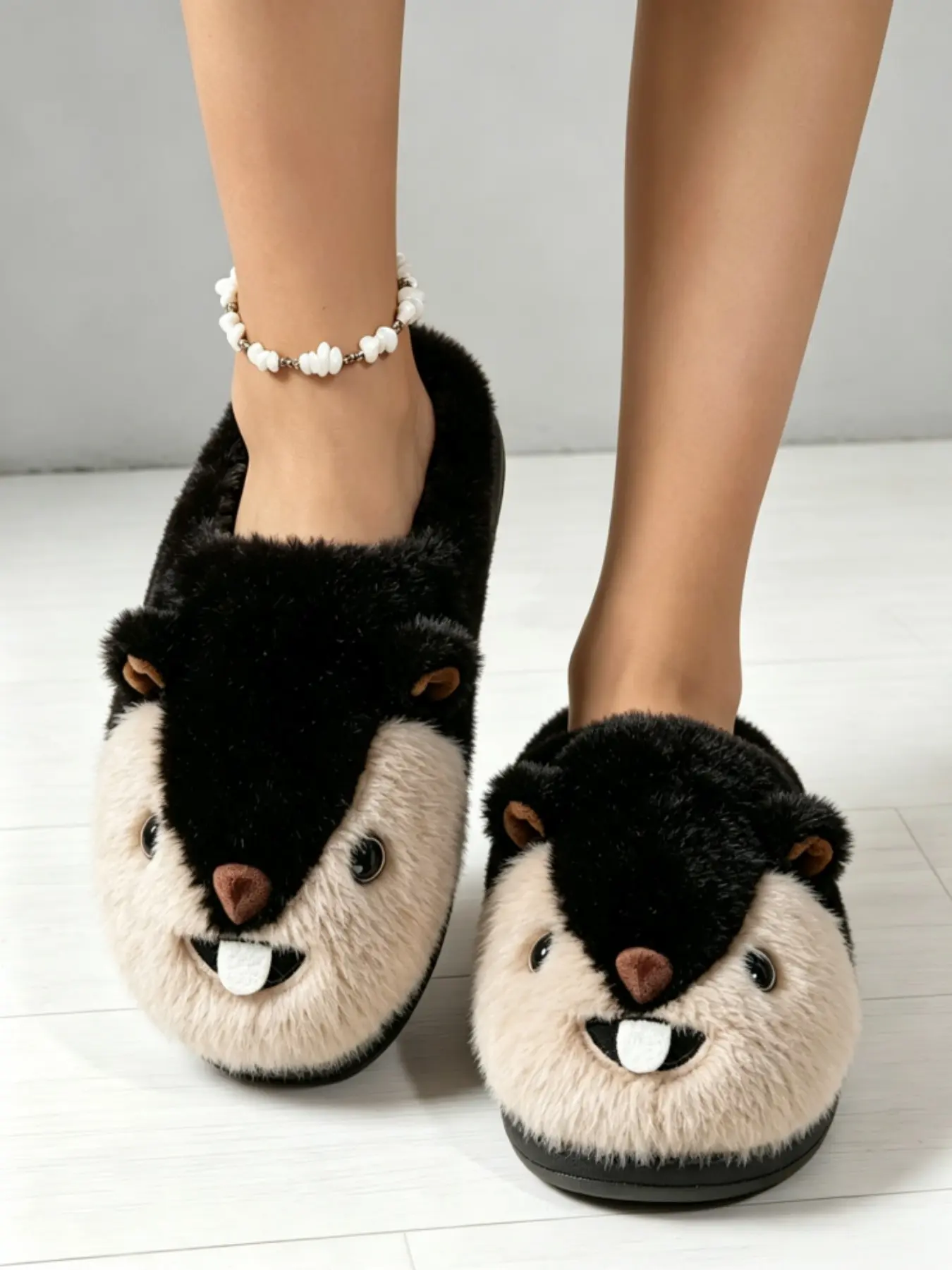 Women's Fashion Non-Slip Cute Cartoon Squirrel Plush Home Slippers, Soft Plush Warm Indoor Bedroom Slip-On Shoes, All-Season Comfortable Footwear, Antislip Slippers