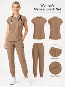 Women's Scrub Set 2 Piece Nurse Uniform Short Sleeve Medical Workwear with Elastic Waist Jogger Pants Zipper Pocket Comfortable Scrubs Healthcare Worker Essentials