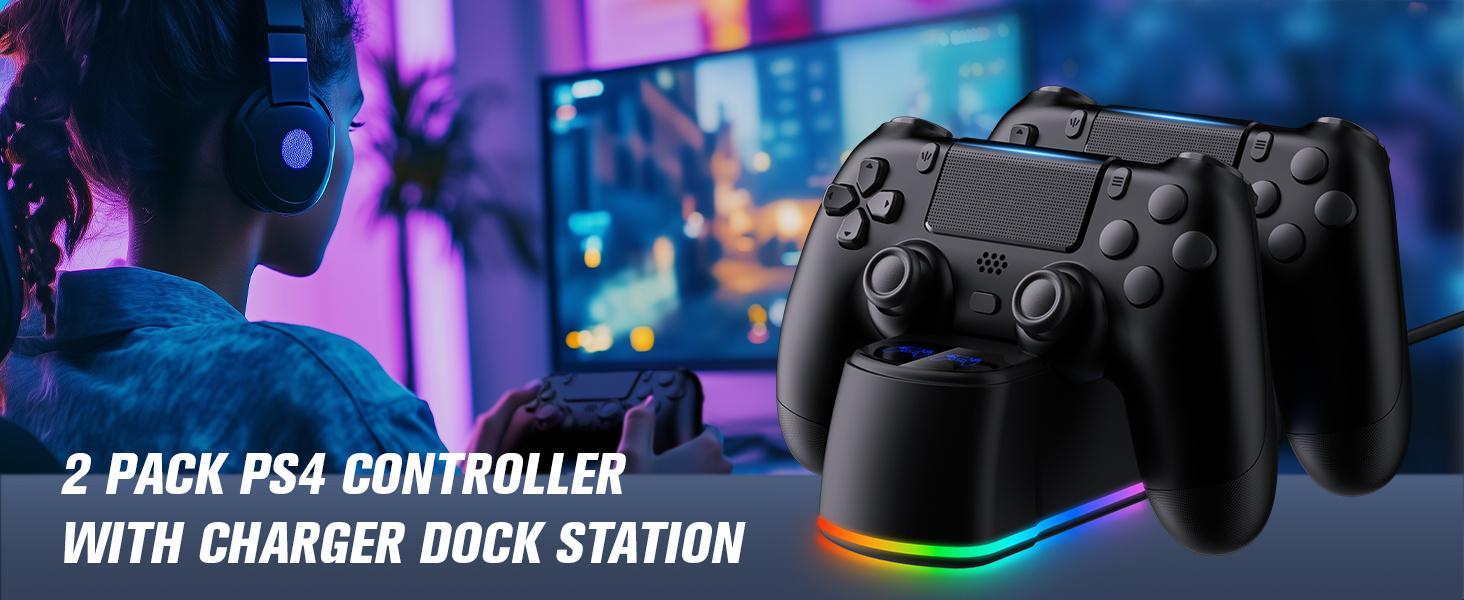2 Pack Controller with Charging Dock Station for PS4, Wireless Controller Compatible with PS4/Pro/Slim, with LED Charging Dock 2 Controller