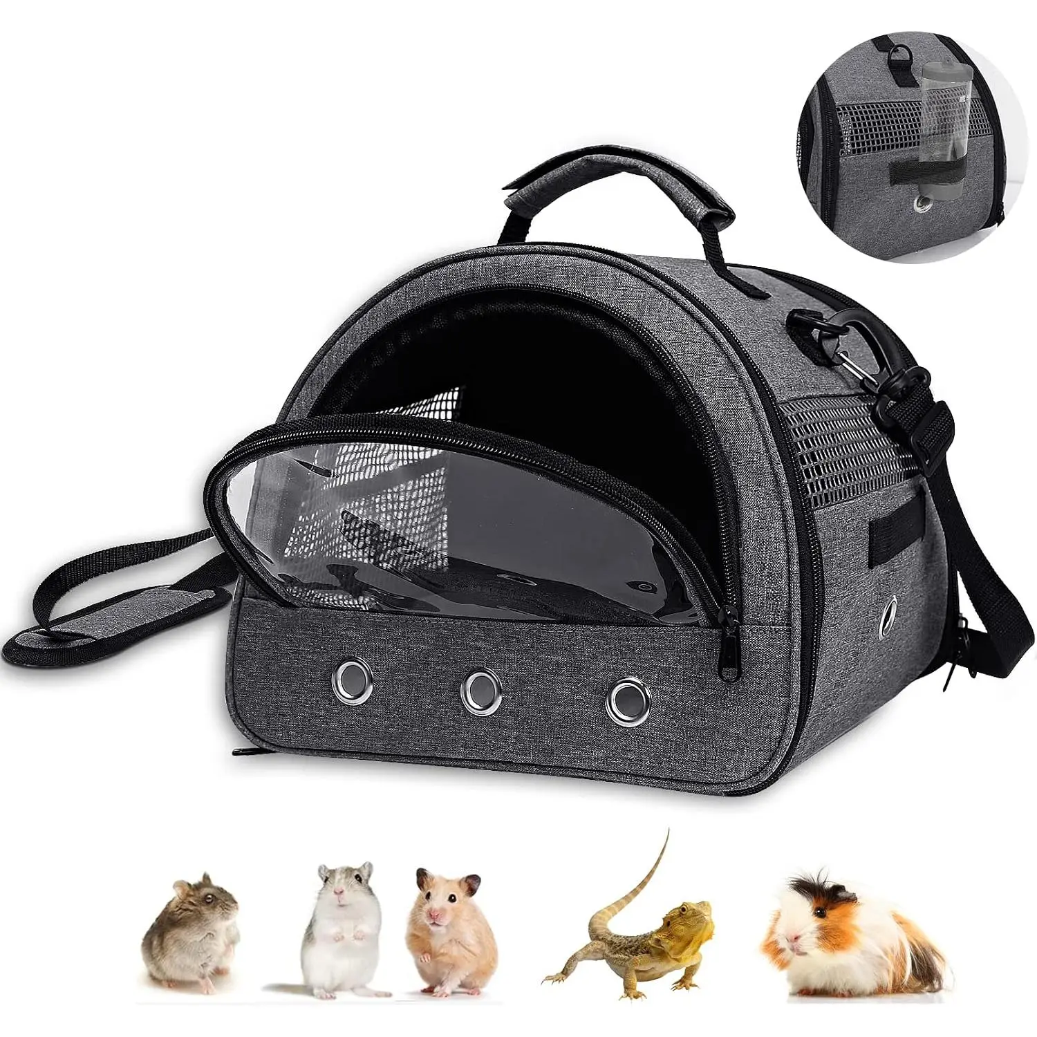 Guinea Pig Carrier, Small  Hamster Carrier Bag,  Bunny Travel Carrier Outdoor Handbag, Breathable Carrier for Small  with Water Bottle Holder & Removable Liner (Grey)