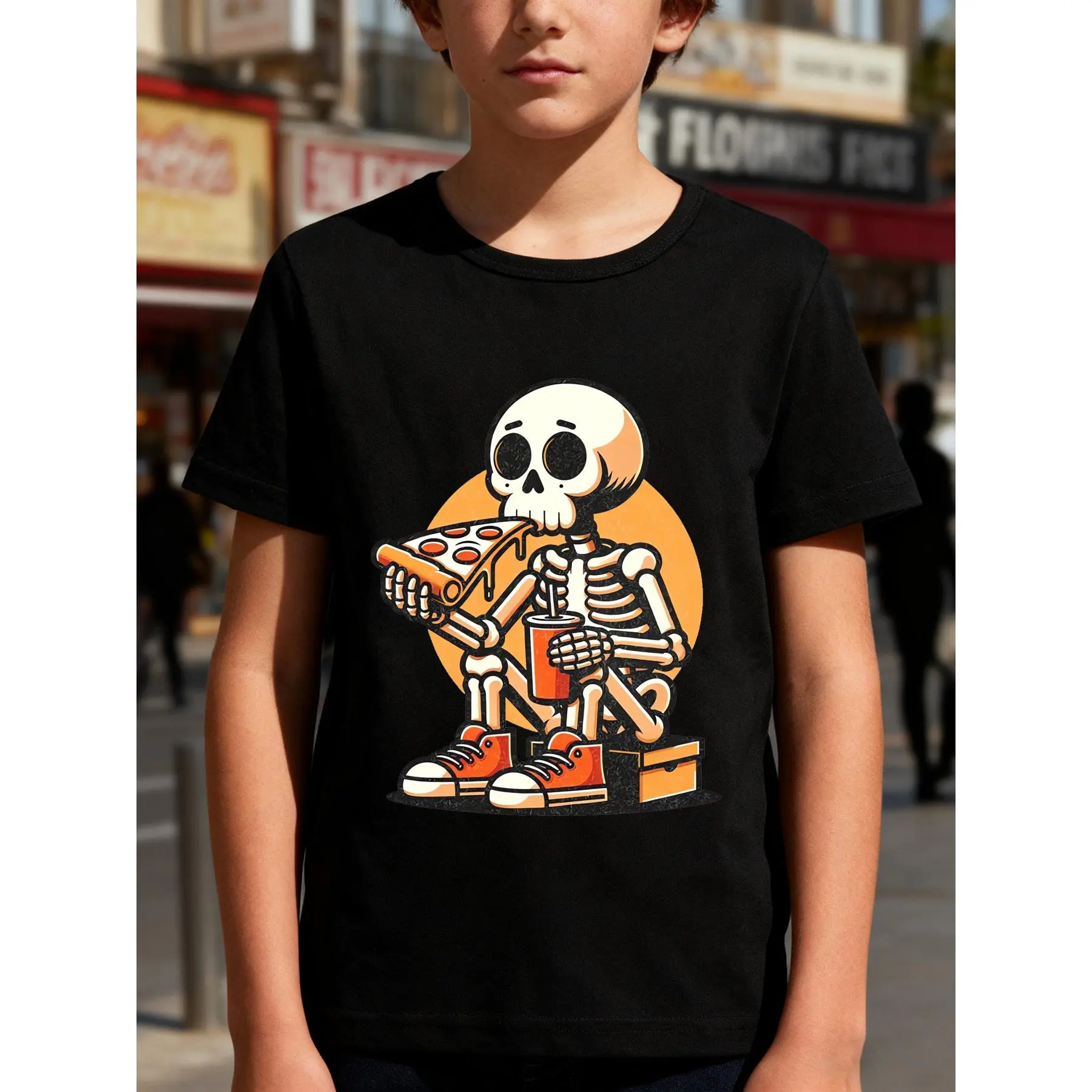 Kids' Funny Skeleton Pizza Cartoon Short-Sleeve Tee - Regular Fit, Casual, Soft Crew Neck Top, Easy Washing, Halloween Summer Top for Boys & Girls, Short Sleeves, Funny Cartoons, Clothes, Playtime Wear, Standard Cut