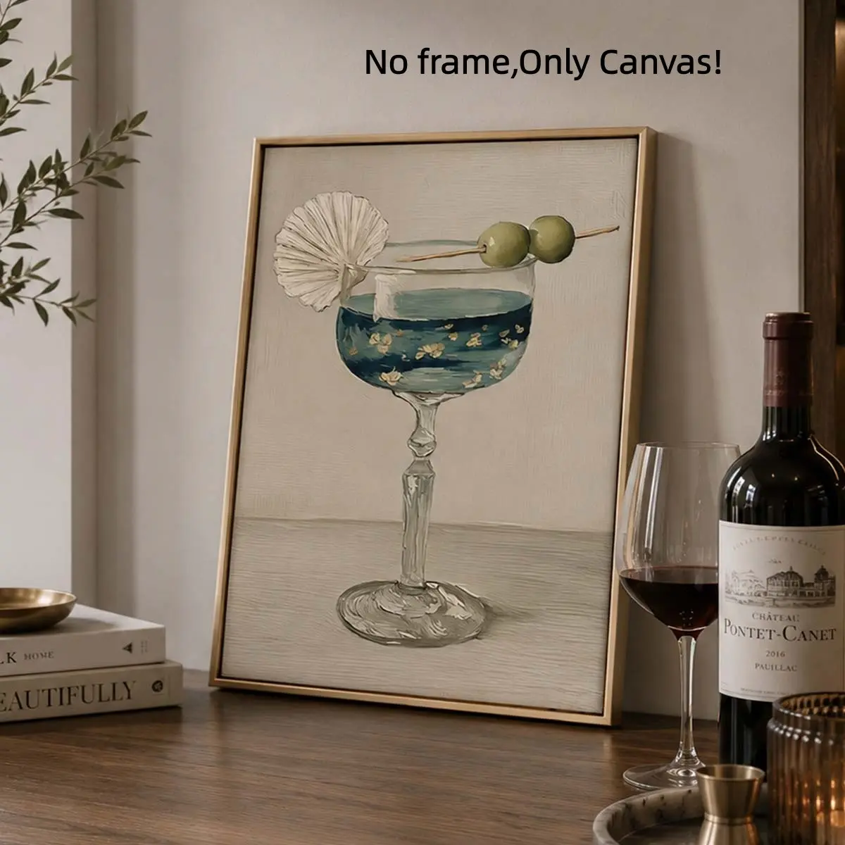 1pc Unframed Summer Cocktail Wall Art, Modern Martini Glass Canvas, Neutral Tone Bar Decor, Kitchen Wallpaper, Minimalist Drink Art