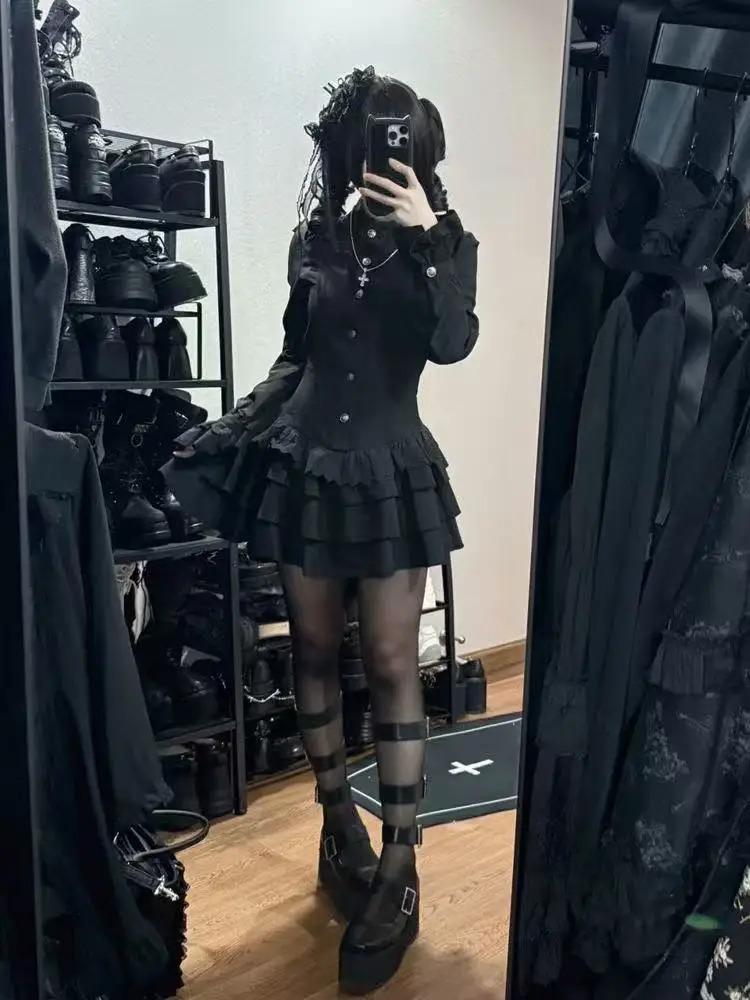 Aesthetic Vintage Slim Sleeveless Black Dress Women Gothic High Street Skinny Ruffle Retro Dresses Y2k Chic Belt New Clothing