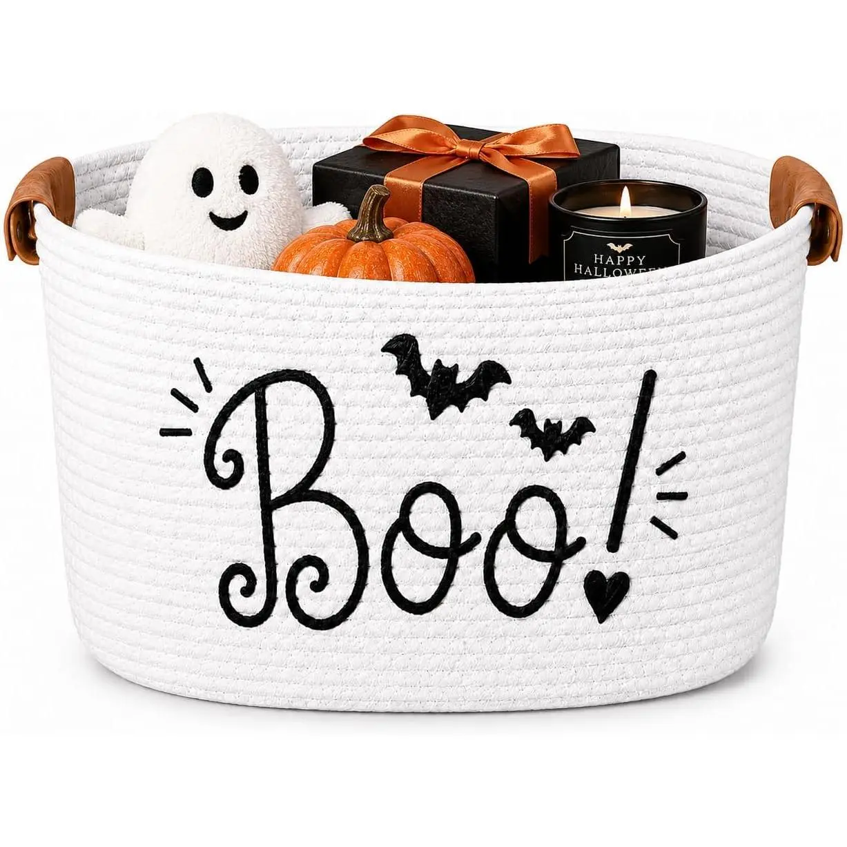 Large Halloween Boo Basket with Handles,  Rope  Spooky  Basket for Wife Her Adults, Foldable Embroidered Boo Storage Basket for Halloween Decor, 15 x 10 x 9 Inch (White)