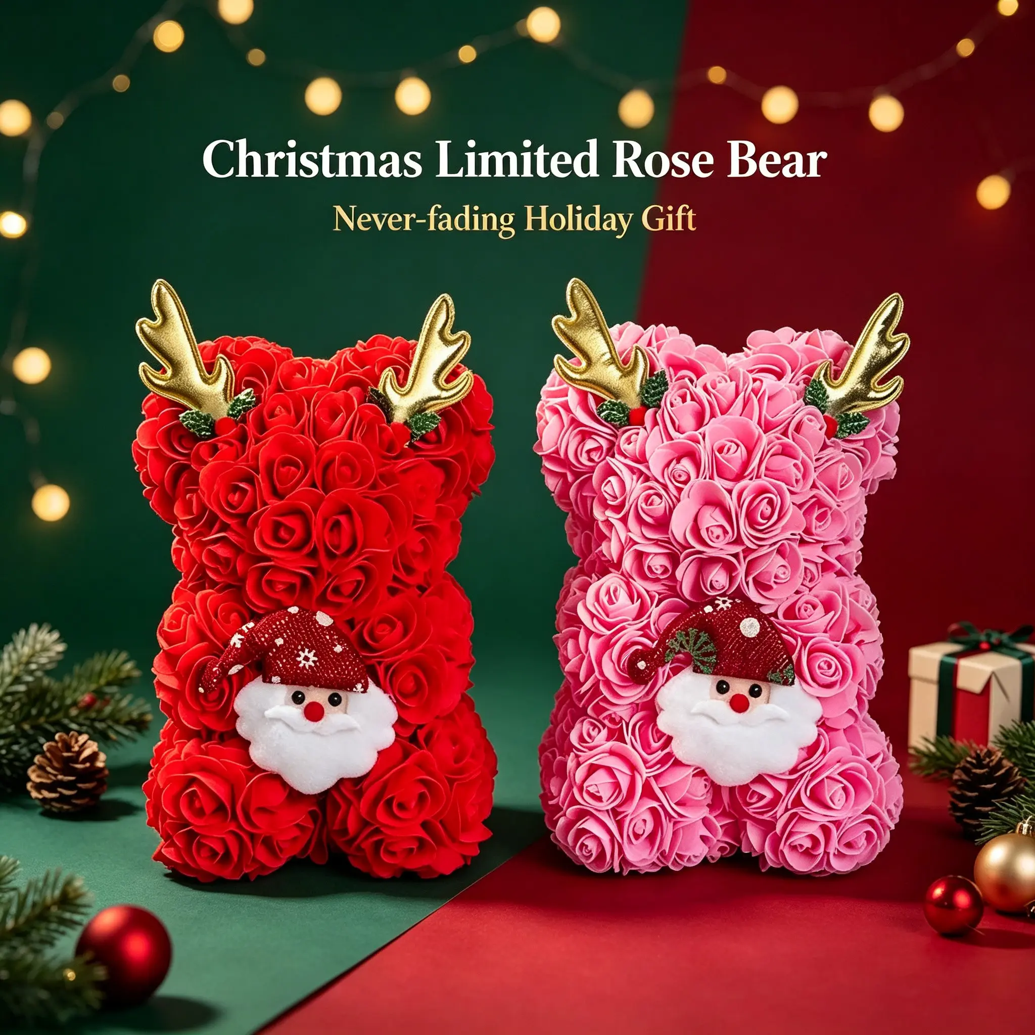 Handmade Christmas Santa Reindeer Rose Bear, Artificial Pe Rose Bear, Romantic Gift for Girlfriend Wife, and Options
