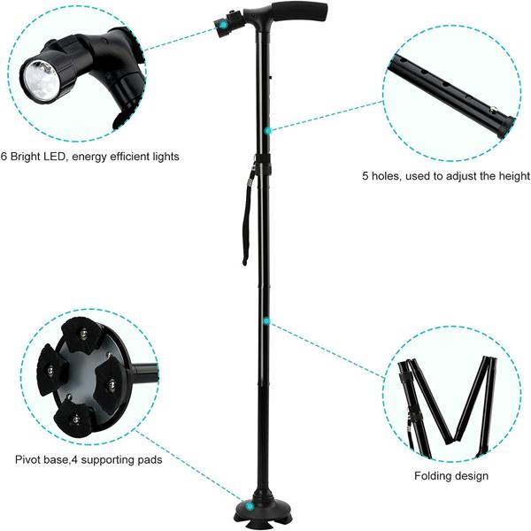 5-Level Adjustable Height Foldable Walking Stick - 360° Anti-Slip Pivoting Base, 6 Built-in LED Lights (180° Rotation), Ergonomic Foam Handle, Lightweight Aluminum Alloy, 250LBS Capacity, Portable for Camping, Black​ Healthcare  Tool Cane Equipment