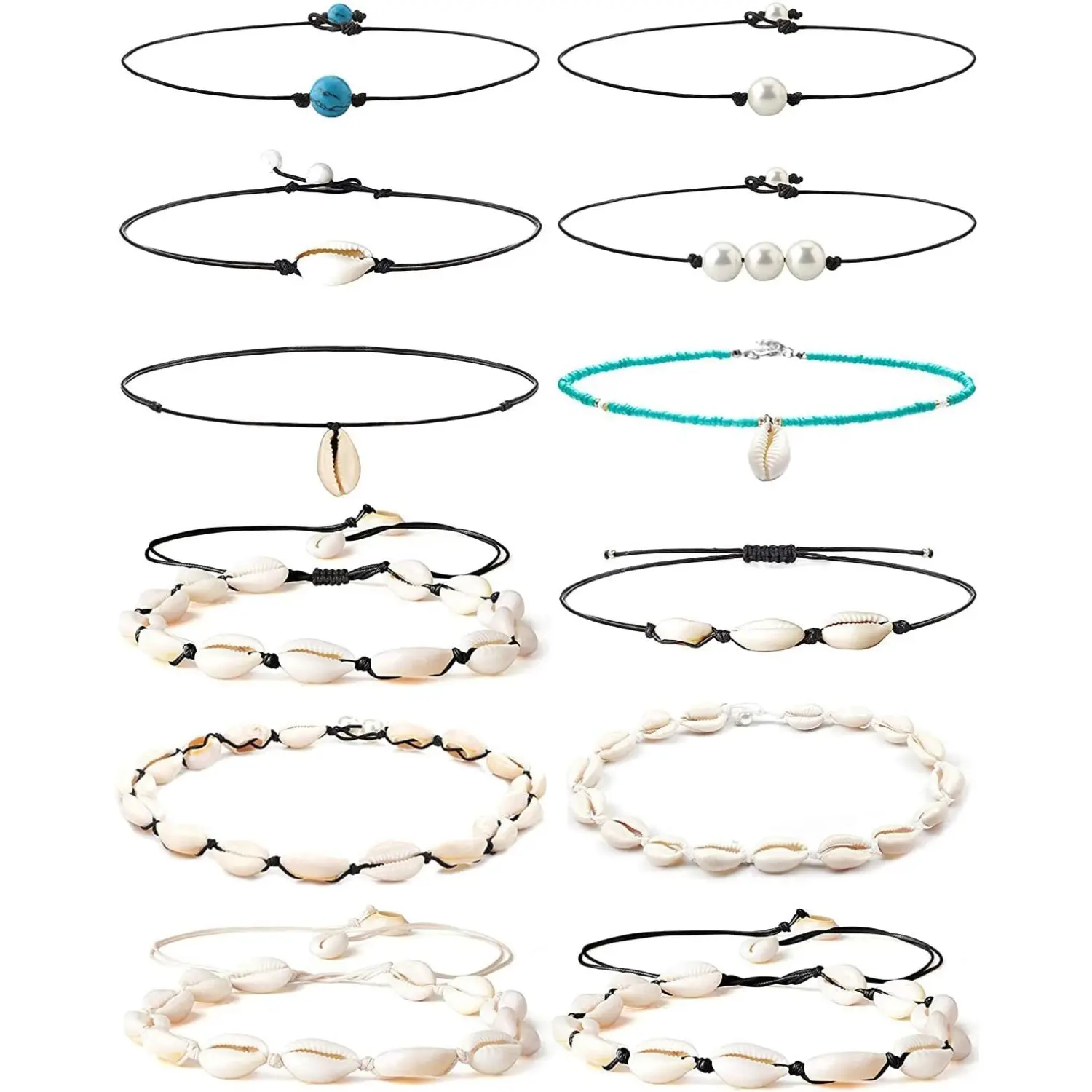 12Pcs Shell Necklace for Women Girls, Adjustable Puka Beaded Necklace, Bohemian Choker, Summer Beach Y2K Aesthetic Jewelry Set