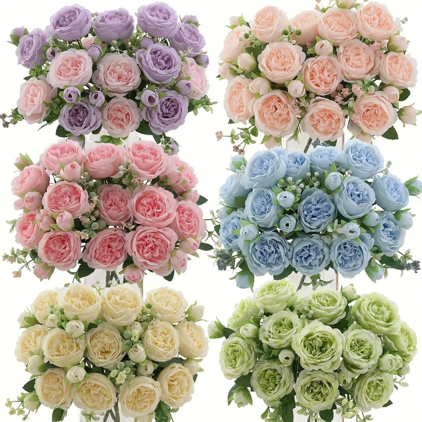 4 bouquets of realistic peony flowers - realistic blooming peonies with green leaves, suitable for weddings, Mother's Day, Halloween, Christmas, spring decoration - indoor and outdoor plastic flowers, without vases, perfect gift