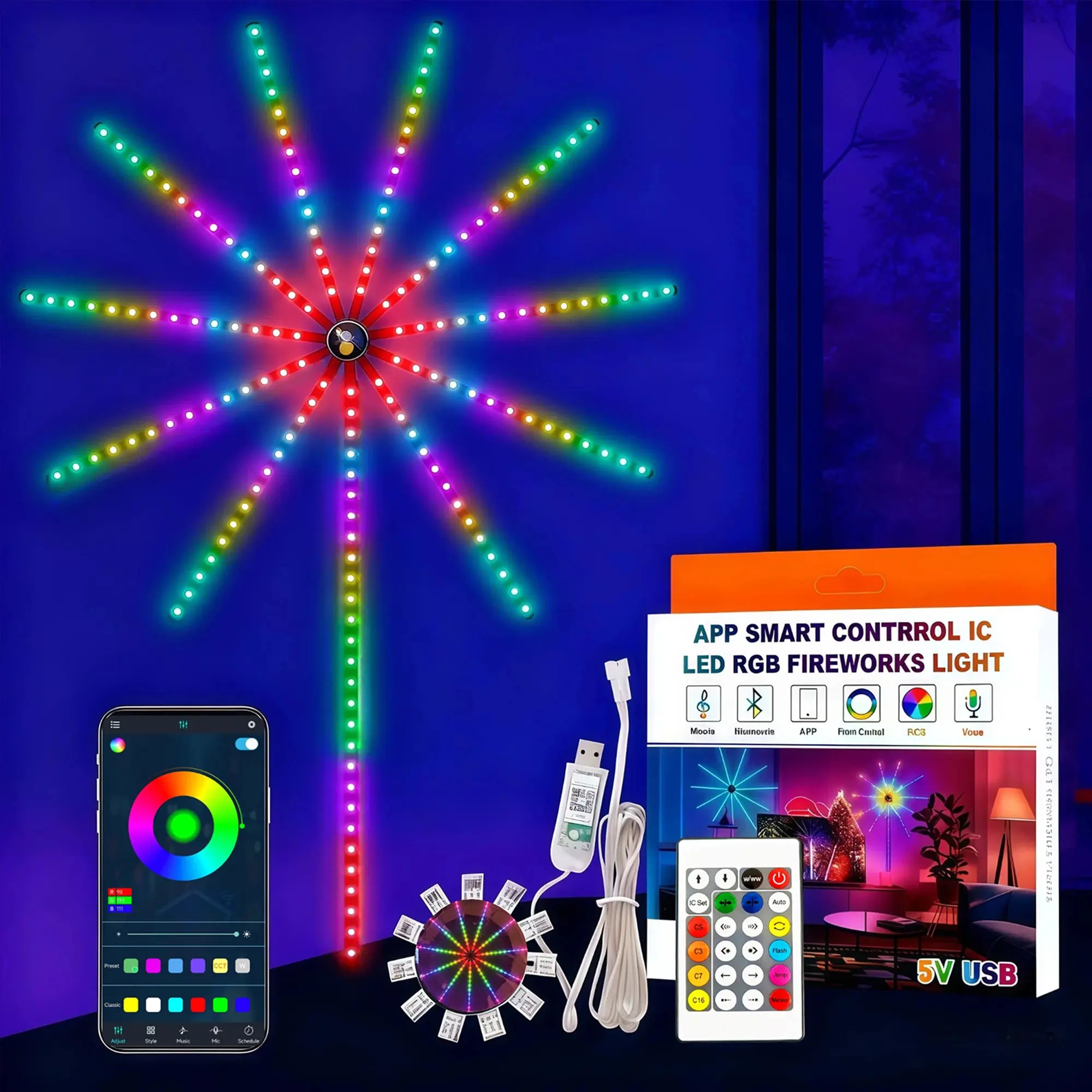 180leds Colorful Fireworks LED Strip, RGB Bluetooth-compatible Music Sync, USB Powered, Multiple Light Effects, Perfect for Christmas Party Decorations