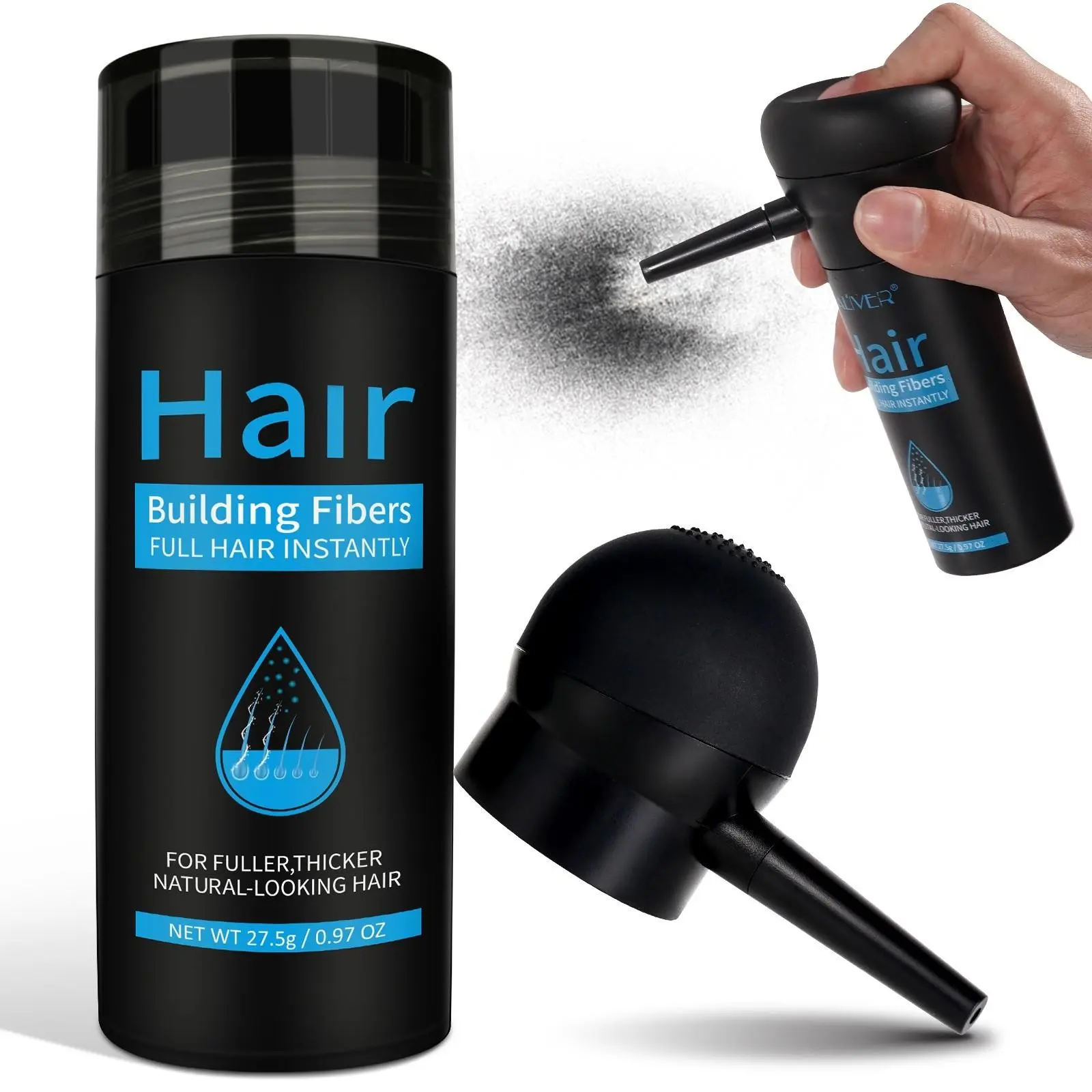ALIVER Hair Fiber Spray, Hair Powder for thinning hair, features ultra-fine fibers that fill in receding hairlines and thinning areas on the crown, instantly creating thicker hair. It is water- and sweat-resistant and stays in place during daily ac