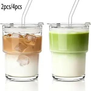 2/4-Piece Set: 13-Ounce Portable Glass Tumblers, Drinkware, Drink Containers, Cup With Lid And Straw, thick-walled glasses with lids and glass straws, ideal for iced coffee, tea, milk, hot and cold beverages, perfect for travel