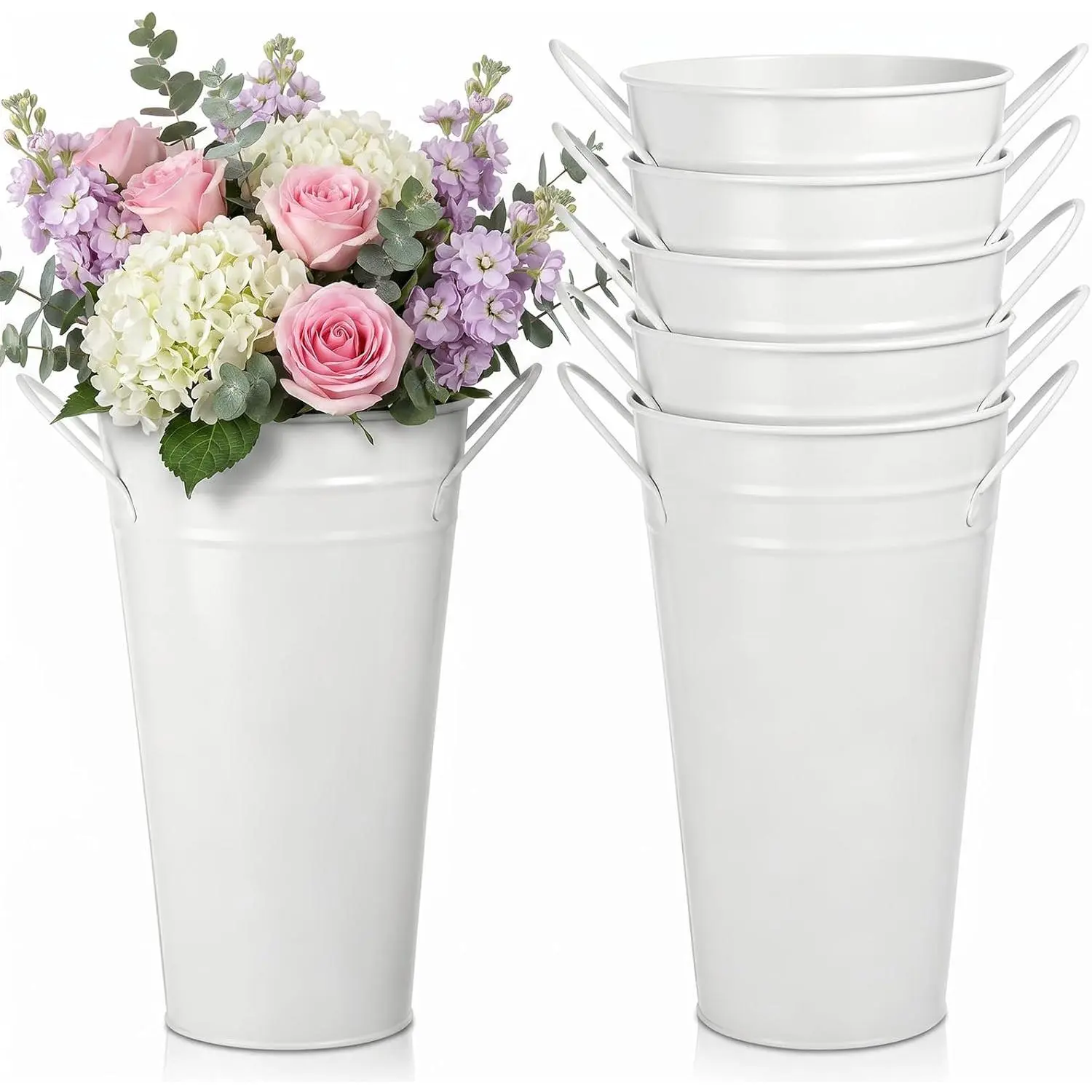 6 Pcs 10 Inch Galvanized Flower Bucket, Metal Flowers Vases with Handles White Vintage French Farmhouse Flower Holder for Cut Flowers, Wedding, Table Centerpiece Decor