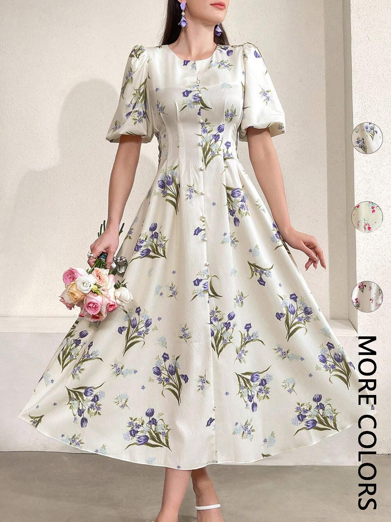 Women's Floral Print Puff Sleeve Dress, Elegant Short Sleeve A Line Dress for Party Holiday Wedding Guest, Ladies Clothes for All Seasons, Womenswear, Shortsleeve, Formal Dresses Women, Wedding Gown