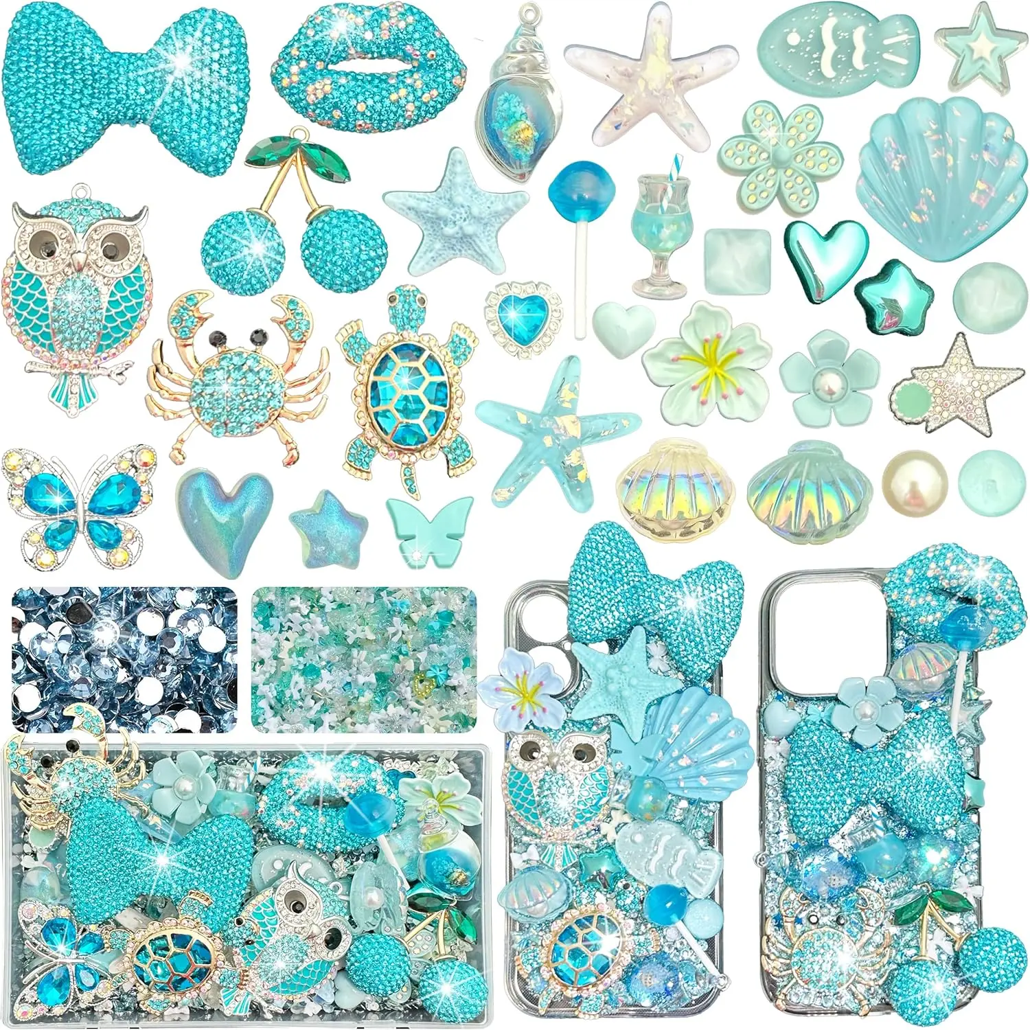 Blue Junk Case Charms Kit, Junks Phones Cases 3D Diamond Lips Owl and Bows Cherry Turtle Seashell Ocean Style and Other Refreshing Bedazzling Kits Can Be Used in DIY Phone Case Designs