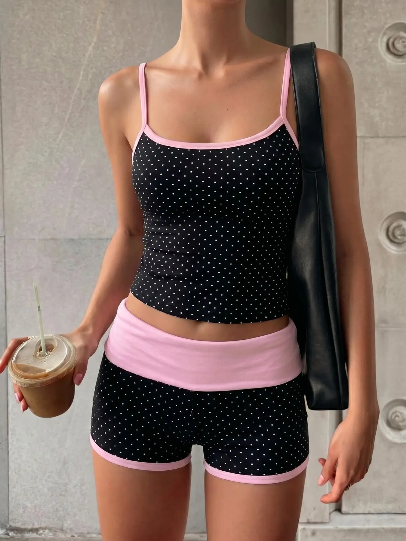 Polka Dot Contrast Pink Trim Lightweight Two Piece Set Women Spaghetti Strap Cropped Cami Fold Waist Biker Shorts Y2K Retro Dotted Slim Bodycon Co-ord Casual Feminine Chic Going Out Summer Outfit #twopieceset #y2koutfit #polkadotstyle #matchingcoords