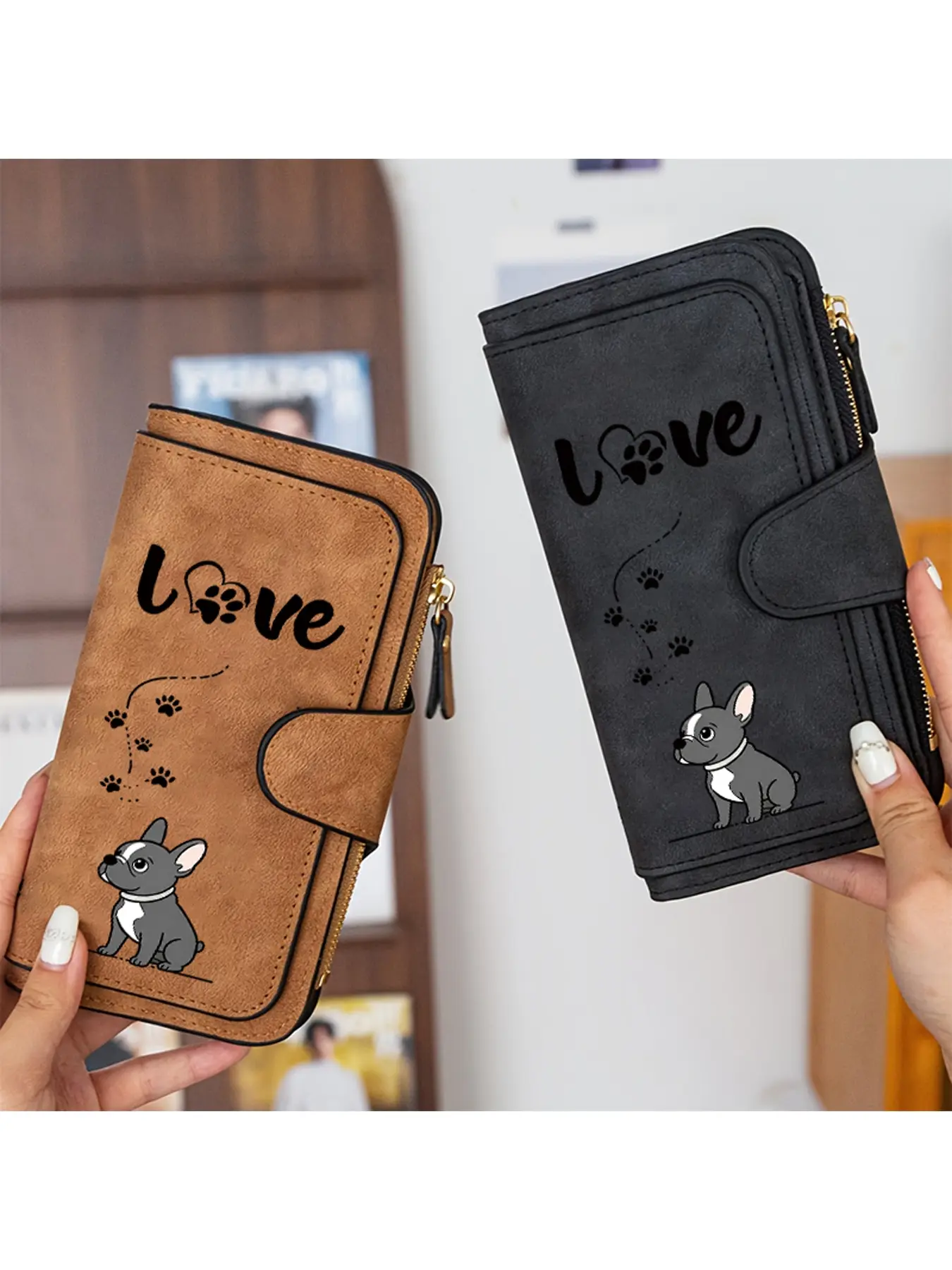 Four fold women's long wallet with French Bulldog and "LOVE" pattern decorations, multi slot design, suitable for daily travel and vacation travel, a gift for dog lovers, birthday gift/Halloween gift/Christmas gift