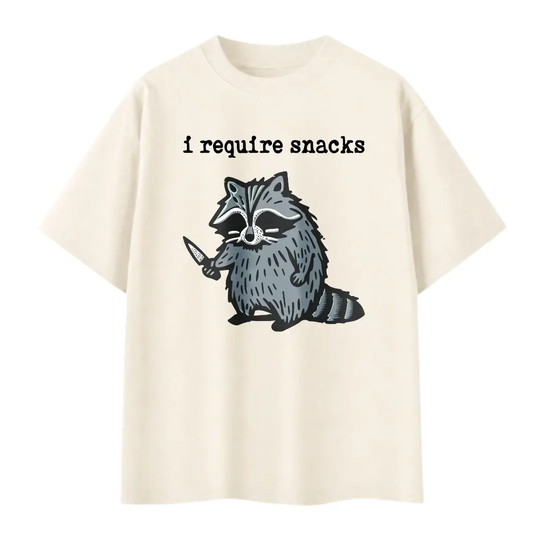 Casual Funny Style, Men's T-Shirt, Raccoon Holding Knife With I Require Snacks Text Graphic, Summer Daily Wear Casual Outing, Gift For Boyfriend Husband Male Friend Raccoon Lover,100% Cotton Unisex Oversized  Tshirt (S-3XL)