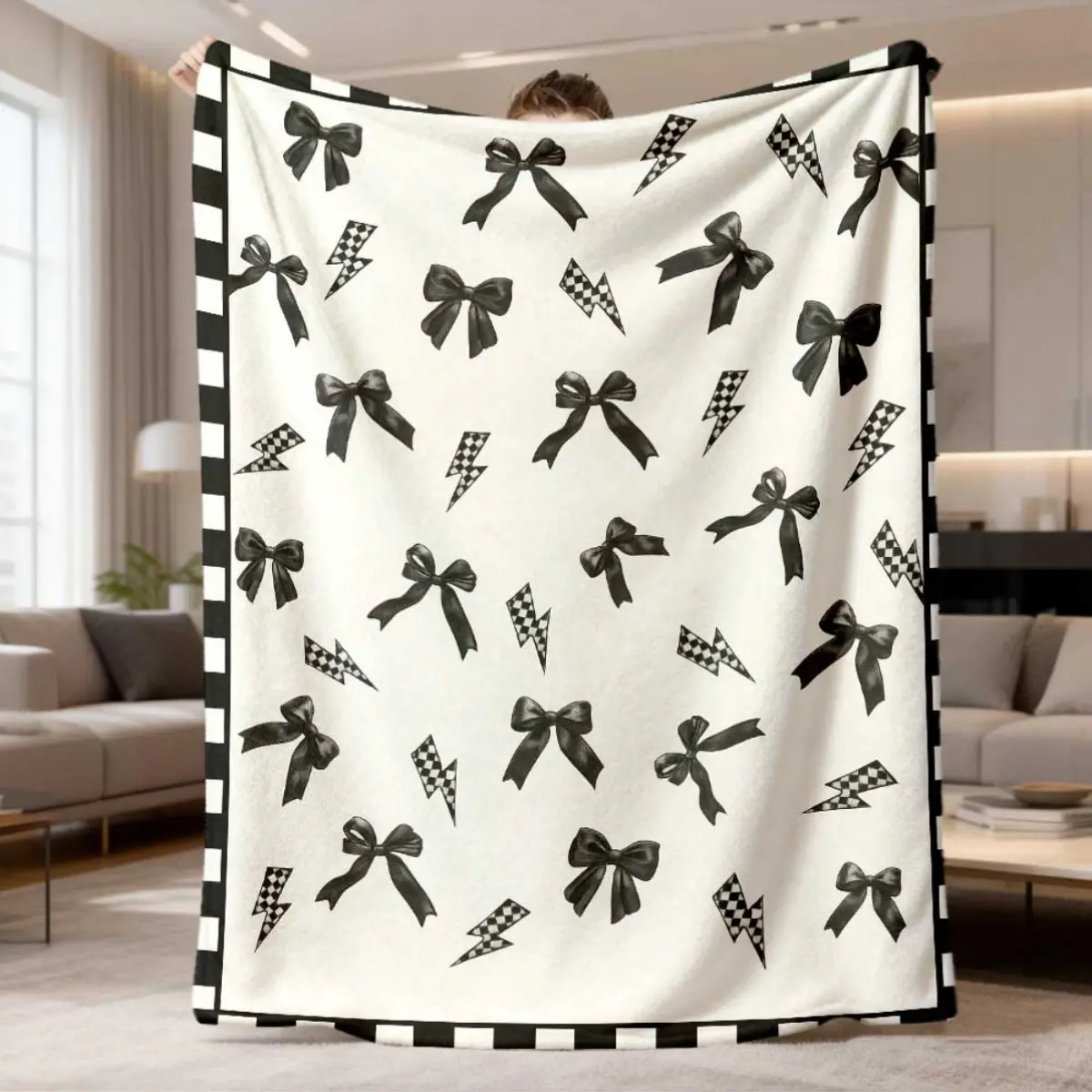 Flannel Throw Blanket, Black Bow & Lightning Print with Checkered Printed Border, Preppy Coquette Aesthetic Soft Plush Blanket for Sofa Bedroom Dorm Decor, Back to School Gift,Perfect for Bed, Sofa, Camping, Travel, &Home Decor