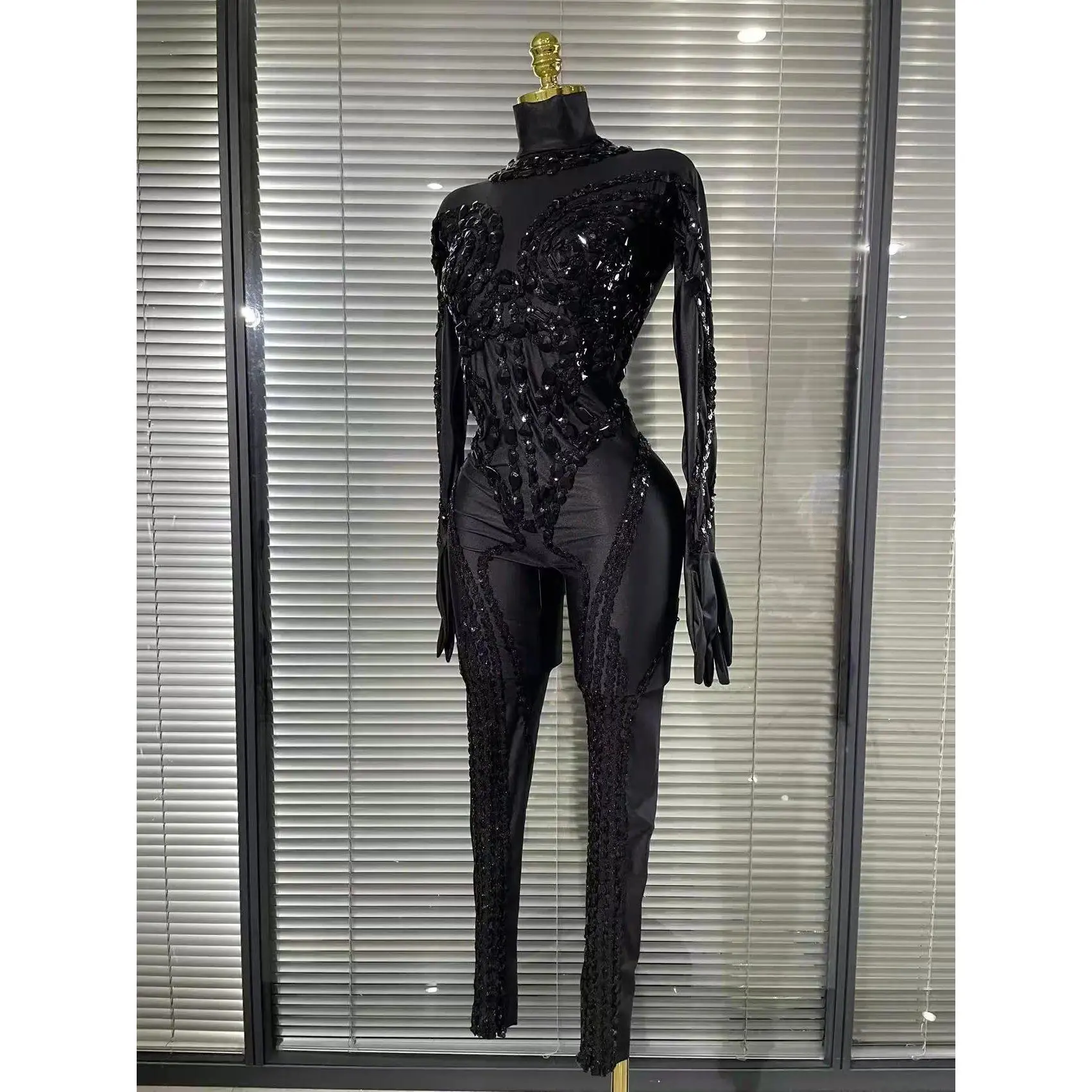 Fashion Sparkly Full Rhinestone Black Jumpsuit Sequin Sexy Club Party Birthday Leotard Drag Queen Pole Dance Costume Outfits