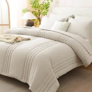 Queen Comforter Set Beige - 7 Pieces Bed in a Bag, Modern Vertical Quilted Room Decor, Soft All-Season Bedding Gift with Comforter, Sheets, Pillowcases & Shams