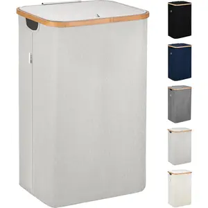 Laundry Basket with Lid, Made from Breathable |   Clothes Hampers for Laundry with Side Handles & Sturdy Bamboo Frame (26 Gallons - Single, Light Gray)